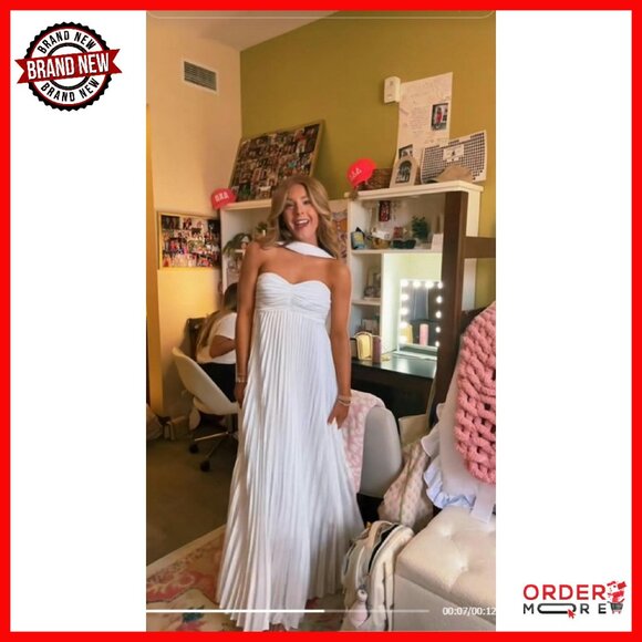 Strapless Satin Formal Gown with Scarf Pleated Maxi Dress - Picture 8 of 8